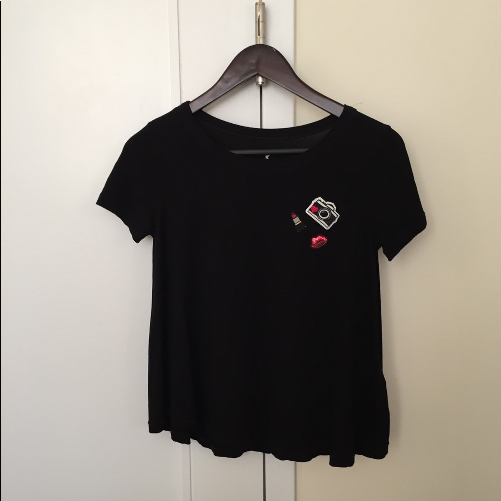 American Eagle Outfitters Soft & Sexy Sequin Patch Tee Black Red XXS